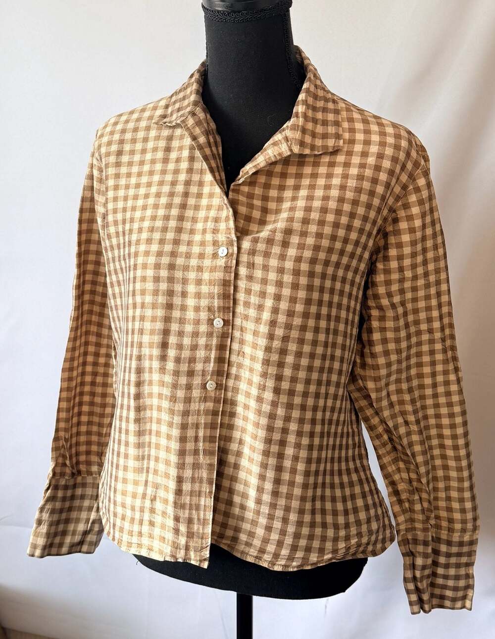 Jennings 100% Silk Gingham Check Button Down Shirt Size L